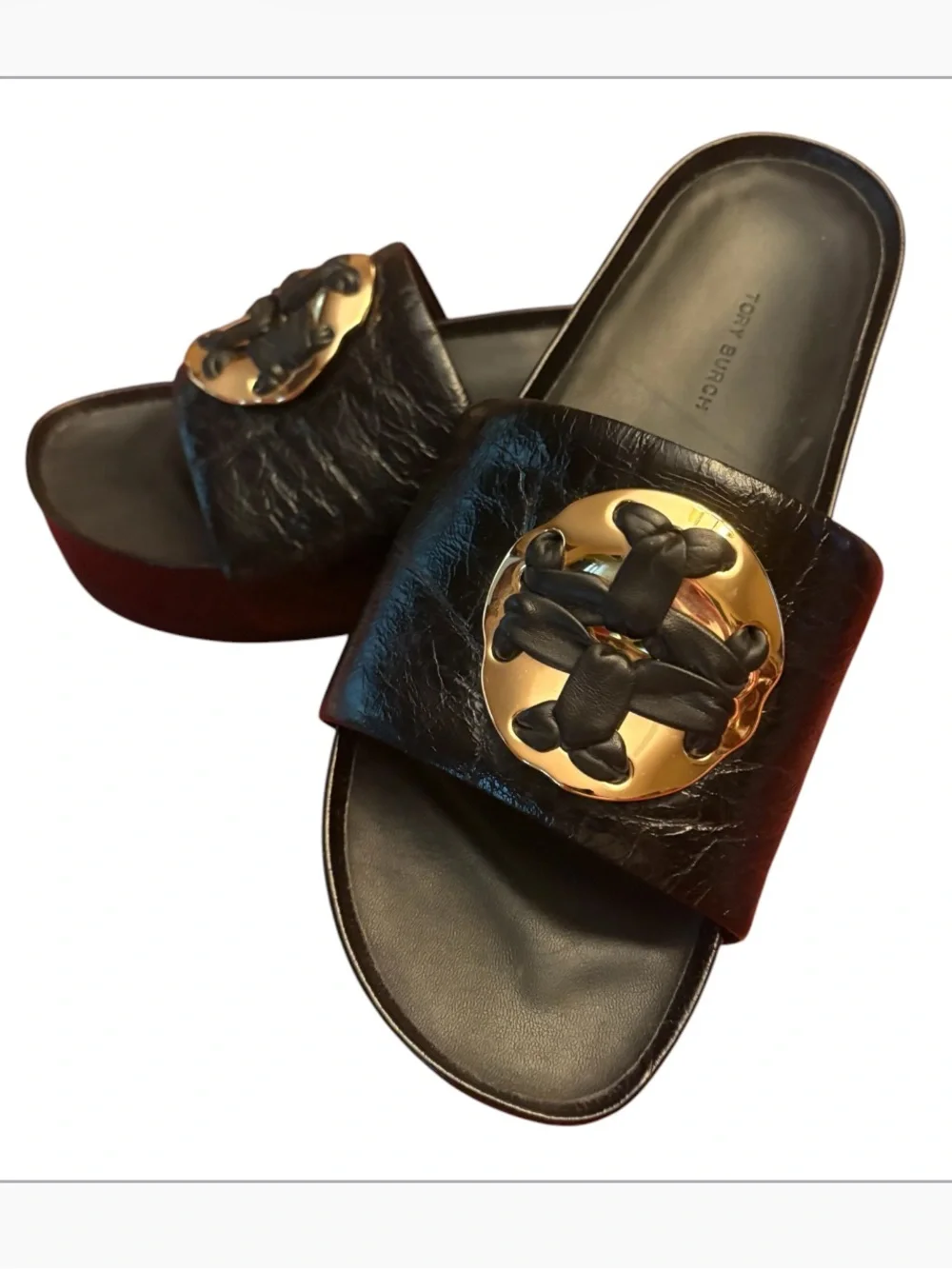 TORY BURCH Woven Double T Slide Leather Sandals Size 8